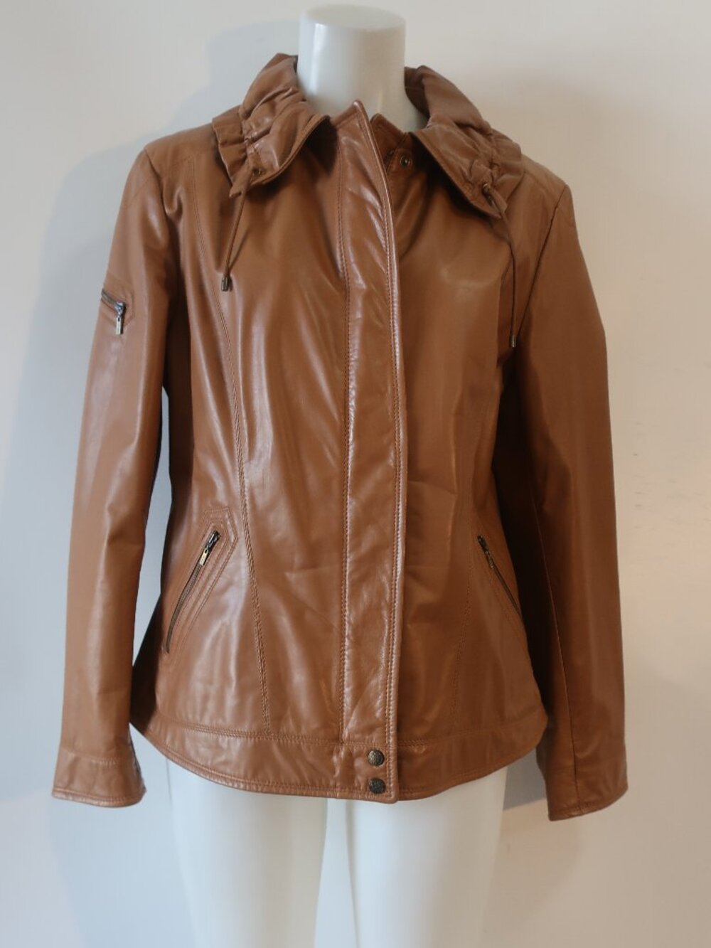 Womens Cole Haan Amber Carmel Brown Zip Cinch Collar Cow Leather Moto Jacket L